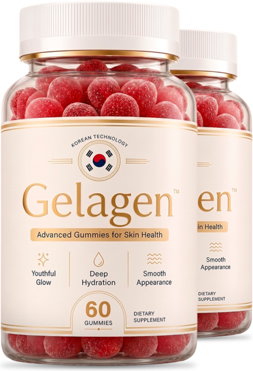 Two bottles of Gelagen daily skin health gummies, 60 gummies each